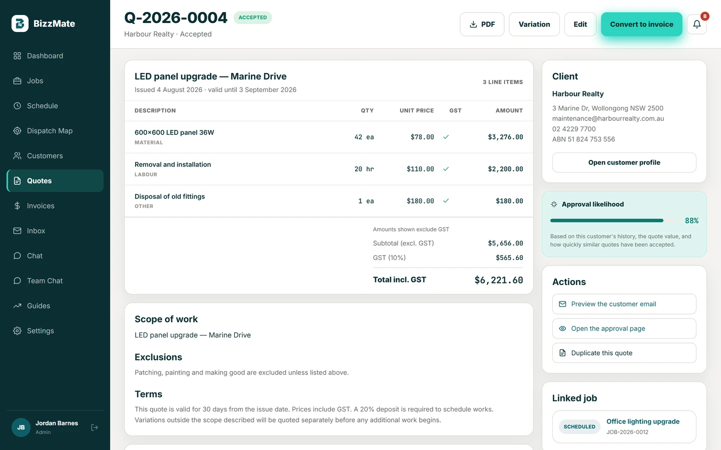 An accepted quote showing labour and material line items, a GST breakdown, and a convert-to-invoice button.